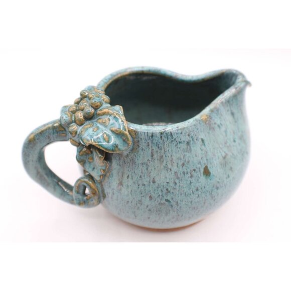Handmade Studio Pottery Creamer Glazed Grape Design Handle Bear Paw Maker Signed - Picture 1 of 12